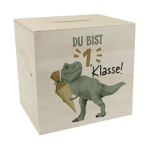 Dino mit Schultüte Spardose aus Holz mit Spruch Du bist 1. Klasse! Perfekt zum Schulanfang Spaß beim Sparen Taschengeld sammeln Ideal zur Einschulung als Belohnung