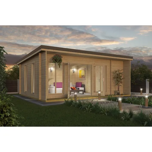 Gartenhaus Blockhaus Holzhaus JAPAN 44 mm - Geräumiges Gartenhaus mit 3 Räumen, ISO-Glas und Designer-Design, ideal für Gartenliebhaber. Hergestellt aus nordischer Fichte, einfach zu montieren und mit 5 Jahren Garantie.