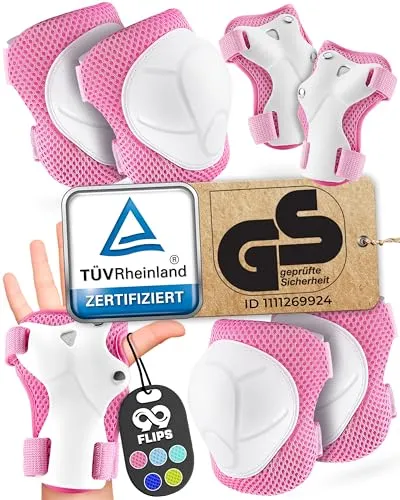 99FLIPS Protektoren-Set für Kinder - 6-teiliges Schoner-Set in Pink für Inliner, Skateboard & Rollschuhe, atmungsaktive Hartschalen-Protektoren bieten optimalen Schutz und Komfort für Kinder von 7-12 Jahren.