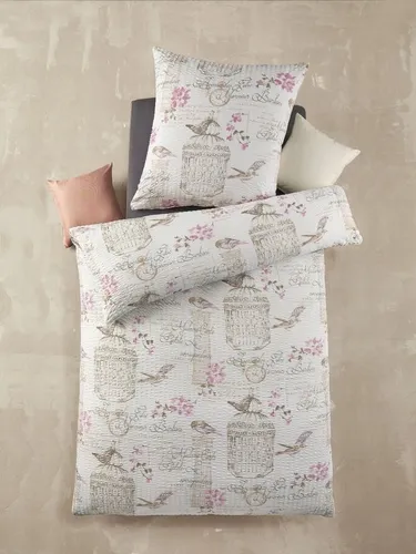 Optidream Bettwäsche Set Mikrofaser 135x200 Polyester Bird weiss beige rose, Mikrofaser, 2 teilig, Geschenk Idee Frauen Männer neue Wohnung Hochzeit Frühjahr sale