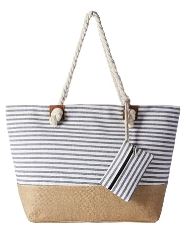 DonDon XXL Strandtasche mit Reißverschluss - Praktische Shopper Tasche für Damen - Damen-Shopper mit viel Stauraum (58x38x18 cm), aus robuster Baumwolle und Polyester, ideal für Strand und Freizeit, inklusive kleiner Tasche für Kleinteile.