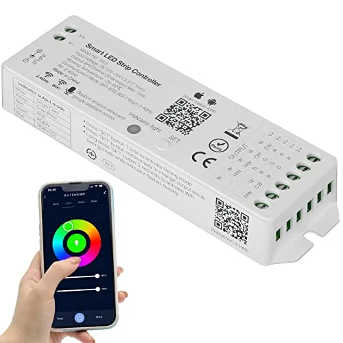 PAUTIX WiFi 5 in 1 LED Steuerung Dimmbar für monochrome CCT RGB RGBW RGBCCT LED Streifen Lichter Kompatibel mit Tuya APP/Smart Life/Alexa/Google Home/Siri,DC12-24V Lichtersteuerung (ohne Batterie)