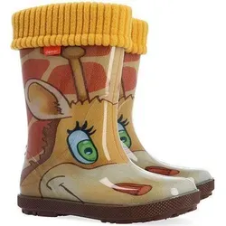 DEMAR Kinder HAWAI LUX Gummistiefel in Braun mit Giraffen-Design, Größe 26/27 - Isolierte Gummistiefel für Kinder mit herausnehmbarer, wärmender Einlage. Rutschfeste Sohle und reflektierende Details für mehr Sicherheit. Ideal für Spielplatz und Schule!