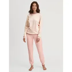 CALIDA Soft Dreams Bündchen-Pyjama Damen - Schlafanzüge für Damen, aus pflegeleichter Frottee-Qualität im zarten Ringel-Design mit elastischen Bündchen für optimalen Tragekomfort.