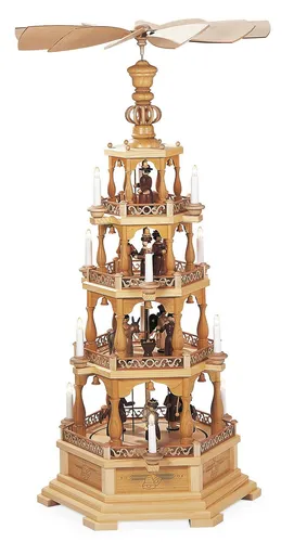 Erzgebirge Pyramide Heilige Geschichte 4-stöckig mit LED - Kategorie: Pyramiden, Handgefertigte XXL-Pyramide aus Holz, 122 cm hoch, ideal für festliche Weihnachtsdekoration und stimmungsvolle Beleuchtung.