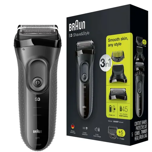 Braun Rasierer 3000 BT Series 3 3in1 - Herrenrasierer mit Wasserfestigkeit und Haartrimmer-Option, ideal für Nass- und Trockenanwendung, schnelle Ladefunktion für maximale Flexibilität.