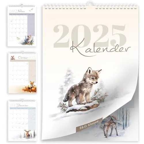 Kalender Wandkalender Monatskalender 2025 in A4 Aqaurell Waldtieren Tiere mit KW ´s Feiertagen und Ferienplan/Ferienübersicht viel Platz zum beschreiben Monate Familien Kinder Planer 21x30 cm
