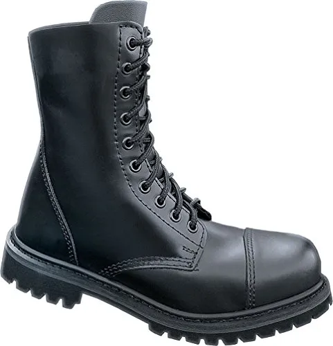 Brandit Boot Uni Phantom 10-Loch schwarz - Wanderschuhe aus 100% robustem Glattleder mit Stahlkappe und geschraubter, genähter Sohle für maximale Haltbarkeit. Ideal für jedes Gelände und jeden Anlass - der perfekte Kultschuh!