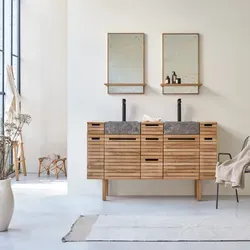 Tikamoon Waschtisch aus Teakholz mit Marmor Waschbecken 150 Slats - Eleganter Waschtisch aus feuchtigkeitsresistentem Teakholz mit zwei Marmorwaschbecken. Ideal für Ihr Badezimmer, bietet viel Stauraum und eine stilvolle Lattenoptik.