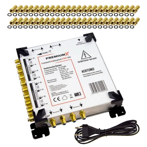 PremiumX Multischalter 17/8 SAT Multiswitch - Multischalter für 4 Satellitenpositionen, ideal für bis zu 8 Teilnehmer. Perfekt für große Haushalte oder kleine Betriebe.