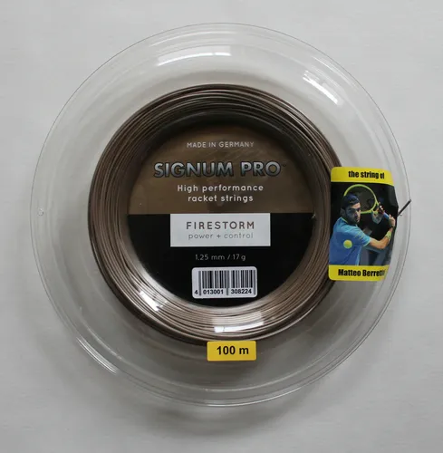 Signum Pro Firestorm Tennissaitenrolle 100m Gold-Metallic - Hochwertige Tennissaiten aus Deutschland mit einer Länge von 100 m und einer Stärke von 1,25 mm für optimale Spielperformance.