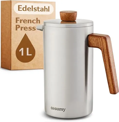 Cosumy French Press aus Edelstahl - 1 Liter, doppelwandige Thermo-Isolierung - Kaffeepressen für stilvolles Servieren: Diese edle French Press hält Getränke länger warm und bietet optimale Filterung für klaren Kaffee – nachhaltig aus Edelstahl und FSC Holz.