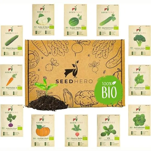 Deine Gartenwelt Seedhero BIO Gemüse Samen Set - 12 Sorten Gemüsesamen aus biologischem Anbau, samenfestes Saatgut, Samen Gemüse Set mit Gurke, Radieschen, Zucchini, Wassermelone, Kohlrabi und mehr