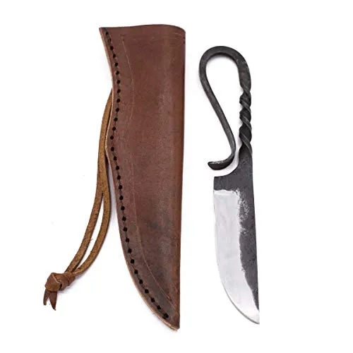 Geschmiedetes Frühmittelalter oder Wikinger Messer - Campingausrüstung - Handliches, geschmiedetes Messer mit tordiertem Griff und brauner Lederscheide. Ideal für Outdoor-Abenteuer mit einer Gesamtlänge von 19,6 cm.