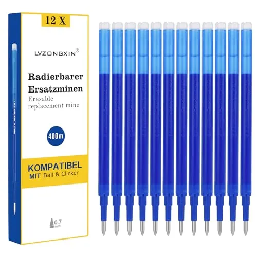 [12 Stück] - LVZONGXIN Radierbare Ersatzmine, Kompatibel mit Pilot FriXion Ball & Clicker & Eberhard Faber animal erase it, Spitze 0,7 mm,Nachfüllminen mit radierbarer Tinte (BLAU, 12)