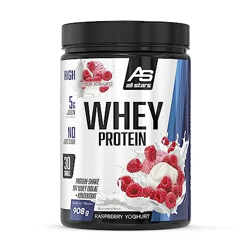 All Stars 100% WHEY PROTEIN 908g - Cremiger Protein-Shake mit Raspberry Yoghurt-Flavour - Molkenproteine mit hochwertigem Whey-Konzentrat & Isolat, ideal für schnelle Proteinzufuhr und vielseitig in Diäten einsetzbar.