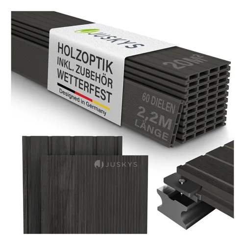 Juskys WPC Terrassendielen 20 m² - Wetterfeste Dielen in Grau - Erlebe die perfekte Kombination aus natürlichem Design und Langlebigkeit! Die WPC-Terrassendielen sind ideal für eine stilvolle Gartenveranda und bieten eine einfache Pflege sowie eine robuste Unterkonstruktion.