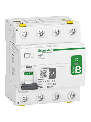 Schneider Electric RCCB 4P 63A 500mA B-Class SI - Komponenten für Schaltkästen und Schränke, ideal für 3-Phasen-Anlagen mit Frequenzumrichtern, bietet umfassenden Schutz gegen Fehlerströme.