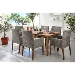 OUTFLEXX Garten-Essgruppe Borneo/Kota - Moderne Gartenmöbel aus 100% FSC-Akazienholz für stilvolle Momente im Freien. Der große Tisch bietet Platz für Ihre Familie und Freunde, während der bequeme Sessel mit robustem Aluminiumgestell optimalen Komfort gewährleistet.