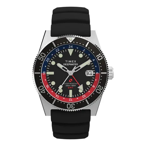 Timex Deepwater Reef 200 GMT 41mm Uhr - Robuste Taucheruhr - Armbanduhr für Herren mit 200 m Wasserdichtigkeit, ideal für Taucher und Wassersportler. Stylisches Design mit einem robusten Gehäuse aus Edelstahl.
