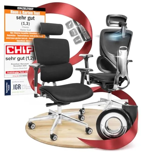 CLOUVOU MasterSeat Ergonomischer Bürostuhl [TESTSIEGER] - Ergonomischer Bürostuhl für 150 kg, individuell einstellbar mit Lendenwirbelstütze und atmungsaktivem Mesh-Bezug für höchsten Komfort im Home Office.
