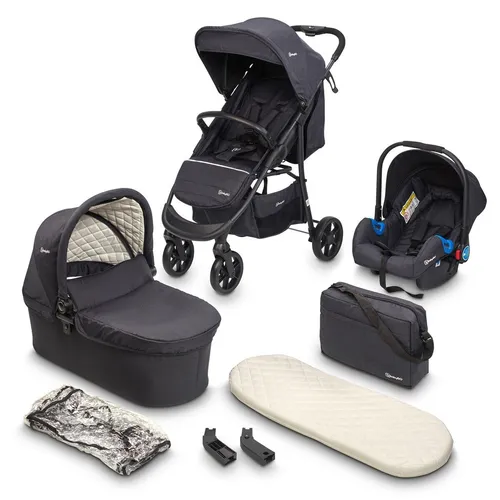 BabyGo Kombi-Kinderwagen Style - 3in1, schwarz - Kombikinderwagen Set mit Babyschale und Wickeltasche, ideal für Neugeborene bis 13 kg, ausgestattet mit verstellbarem Sportsitz und schwenkbaren Rädern für höchsten Komfort.