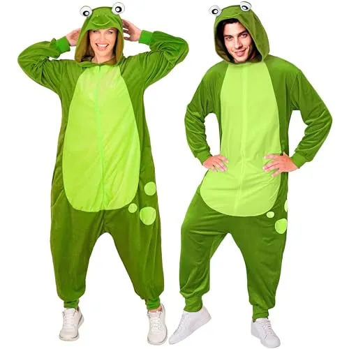 Overall Frosch Kostüm grün L/XL – Lustiges Plüschkostüm - Verwandle jede Veranstaltung mit dem grünen Frosch Overall in ein fröhliches Erlebnis! Komfortables Design, witzige Kapuze und weicher Plüsch machen es ideal für Karneval, Mottopartys oder Junggesellenabschiede.