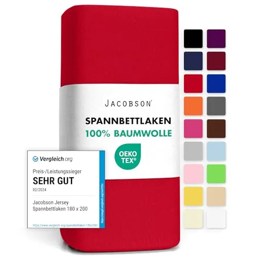 Jacobson Jersey Spannbettlaken Spannbetttuch Baumwolle Bettlaken (120x200-130x200 cm, Rot)