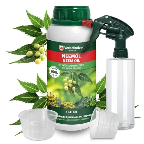 Veddelholzer Premium Neemöl Set 1000 ml - Pflanzendünger für natürliche Pflanzenpflege drinnen & draußen, inklusive Sprühflasche und Anleitung für einfache Anwendung.