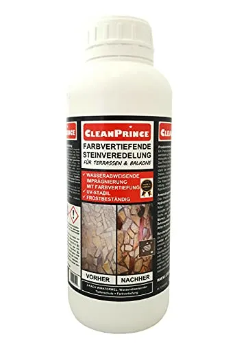 CleanPrince Farbvertiefende Steinveredelung für Terrassen und Balkone 1 Liter - Für eine ansprechende Optik: Diese wasserabweisende Imprägnierung schützt Granit und Naturstein effektiv vor Witterungseinflüssen und sorgt für eine farbvertiefende Wirkung. Ideal für den professionellen Einsatz!  
