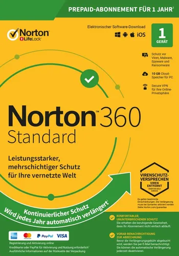 NORTON 360 STANDARD, kontinuierlicher Schutz, 1-Gerät / 1-Jahr inkl.10GB, KEY
