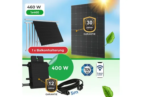 Paket.ag Balkonkraftwerk 460 W – Full Black Modul (bifazial) mit Hoymiles HM-400 - Balkonkraftwerk 460 W – Effizientes Komplettset zur Stromerzeugung auf Balkon, Terrasse oder Garten. Bifaziales Full Black Modul für bis zu 20 % mehr Ertrag und einfache Plug-and-Play-Installation.
