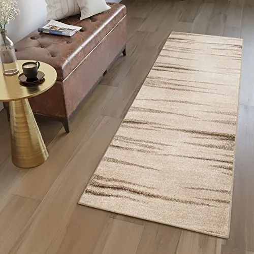TAPISO Sari Teppich Läufer Beige Braun Gestreift 70 x 130 cm - Moderner Kurzflor Teppichläufer für Flur und Küche, mit rutschfester Unterseite für sicheren Halt. Pflegeleicht und ideal zur Verschönerung Ihres Wohnraums.