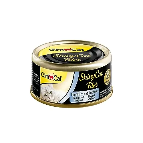 GimCat ShinyCat Thunfisch & Anchovis - Katzennassfutter - Zarte Filetstückchen in Brühe, ohne Zuckerzusatz. Hochwertige Zutaten für einen natürlichen Geschmack und hohe Akzeptanz bei ausgewachsenen Katzen. 24 Dosen (24 x 70 g) für genussvolle Momente.
