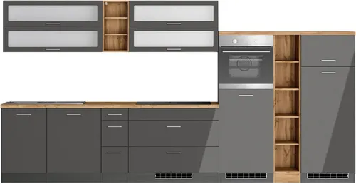 KOCHSTATION Küchenzeile KS-Milan 390 cm mit Dunstabzug - Küchenzeile mit durchgehender Arbeitsplatte und stabilem Metallauszug, ideal für kreative Kochabende. Made in Germany, wahlweise mit E-Geräten erhältlich.