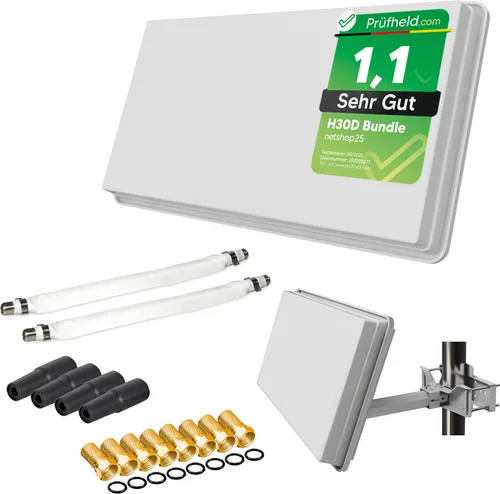 SAT Flachantenne Twin H30D2+ mit Fensterhalterung + 2 Fensterdurchführung + 8 F-Stecker + 4 Wetterschutztüllen (Full HD 4K UHD Sat Anlage für 2 Teilnehmer) netshop 25 Set