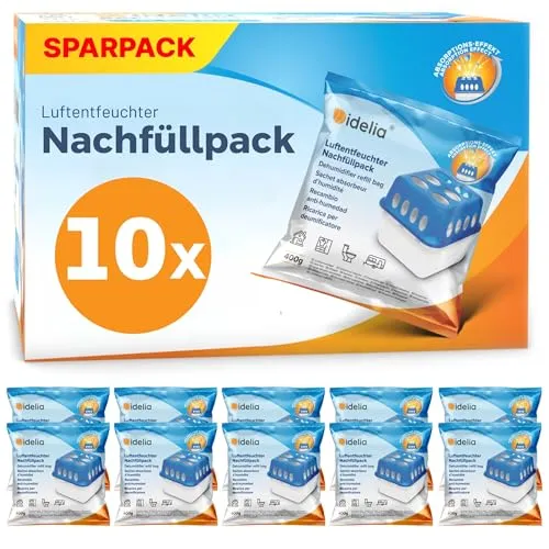 Idelia® 10x Luftentfeuchter Granulat 400g - Effizientes Nachfüllset für optimale Feuchtigkeitskontrolle - Luftentfeuchter Nachfüllpack für Räume bis 40m², reduziert effektiv Schimmel und Gerüche für ein angenehmes Raumklima.