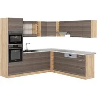 Vicco Winkelküche R-Line, Edelgrau/Goldkraft Eiche - Küchenzeile in L-Form, höhenverstellbar und flexibel anpassbar für Ihre Traumküche. Modernes Design mit Arbeitsplatte in Marmor-Optik für ein stilvolles Kochen.