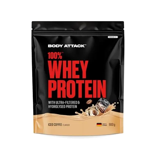 Body Attack 100% Whey Protein - Iced Coffee - 900 g - Molkenproteine, extra cremiges Eiweißpulver mit Hydrolysat & BCAA's, ideal für Muskelaufbau und schnelle Nährstoffaufnahme ohne Aspartam oder Gluten.
