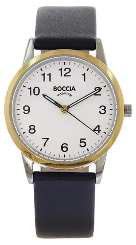 Boccia 3379-02 Damenuhr Quarz Titan mit Lederband Zweifarbig - Silber - Elegante Damenuhr mit präzisem Quarzwerk und stilvollem Design. Das polierte Titangehäuse und das schwarze Lederarmband sorgen für Komfort und Langlebigkeit.