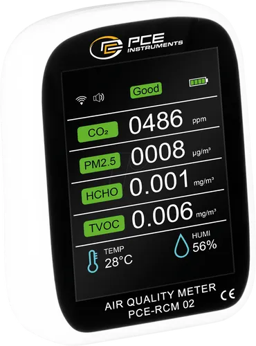 PCE RCM 02 - Luftqualität-Detektor - Umweltmessgeräte mit 3,5'' LCD, WiFi-Anbindung und App-Steuerung zur präzisen Messung von CO2, Formaldehyd und Feinstaub. Ideal für Zuhause und Büro.