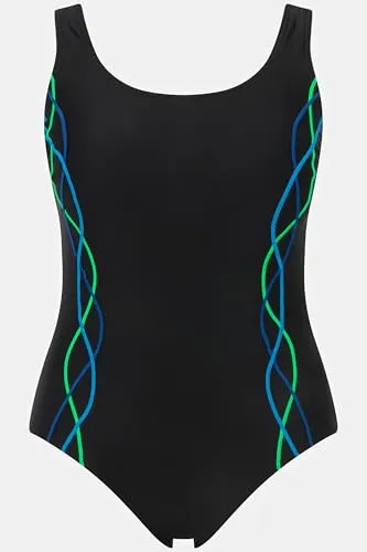 Ulla Popken Badeanzug Pipings ohne Softcups - Sportlicher Badeanzug in Schwarz, Größe 62, aus 80% recyceltem Polyamid für umweltbewusste Schwimmerinnen. Perfekt für Strand und Pool!