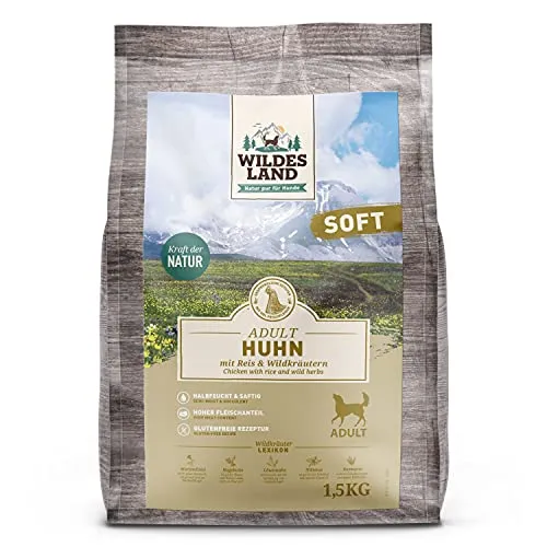 Wildes Land - Halbfeuchtes Trockenfutter für Hunde - Huhn - 1,5 kg - Soft mit Reis und Wildkräutern - Glutenfrei - Extra viel Fleisch - Für alle Hunderassen - Beste Akzeptanz
