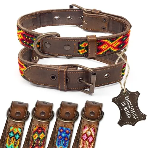ALTEZAR Feuerrotes Hundehalsband aus Leder - Handgemacht in Mexiko, Größe M - Handgemachtes Lederhalsband in feuerrot mit einzigartigem Tribal-Muster, bietet hohen Tragekomfort und ist ideal für kleine bis große Hunde. Strapazierfähig und stilvoll – ein echtes Unikat!