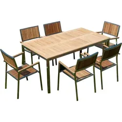 ALEOS Gartengarnitur Edelstahl Teak Set 160x90 cm + 6 stapelbare Sessel KUBA - Edle Gartengarnitur aus robustem Teakholz (A-Grade) und Edelstahl, ideal für Garten und Gastronomie. Tisch 160x90 cm + 6 stapelbare Sessel bieten höchsten Komfort und modernes Design.
