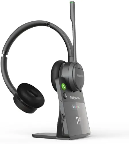 GEQUDIO GC-4 DECT & Bluetooth Dual Headset mit aktiver Geräuschunterdrückung für PC (Windows) Mac (Apple), 2-Ohr mit Farbdisplay Basisstation USB - kabellos 200m Reichweite - Unify OpenStage OpenScape