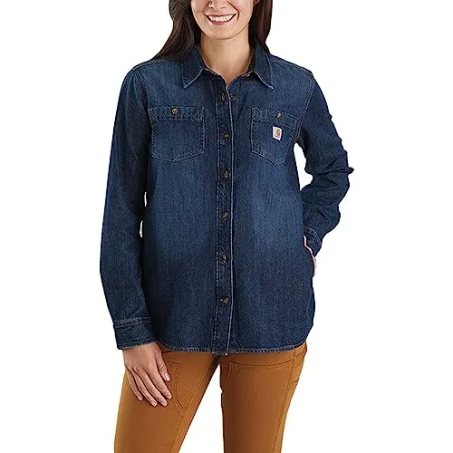 Carhartt Damen Langärmeliges Denim-Hemd Zion L - Blusen & Tuniken für Damen, aus 100% Baumwolle mit zwei praktischen Brusttaschen und einem stylischen Standkragen für lässigen Komfort.