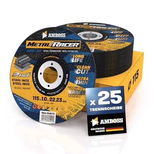 25x Metall-Trennscheibe Ø 115 x 1 x 22.23mm - Die Metalltrennscheibe Metal Racer by AMBOSS WERKZEUGE ist geeignet für Stahl & Edelstahl, Stahl/Inox Trennscheibe 115 passend für Winkelschleifer