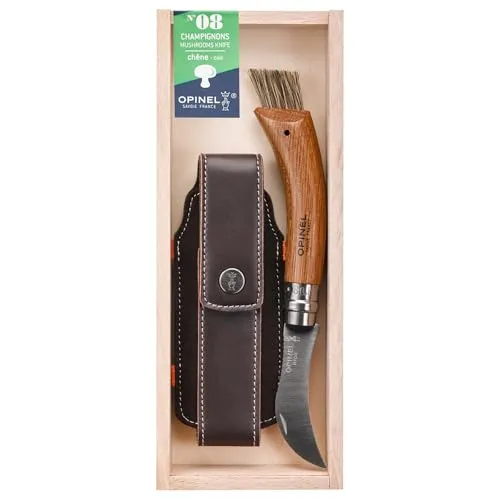 Opinel Pilzmesser No.8 Inox - Klappbares Set mit Gürteletui, rostfreier Edelstahlklinge und Bürste für Pilzliebhaber