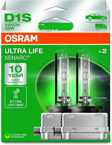 OSRAM Xenarc Ultra Life D1S Auto-Lampe 66140ULT-2HB - ECE-zertifizierte Xenon-Scheinwerferlampe mit extrem langer Lebensdauer von bis zu 10 Jahren und 3.200 Lumen neutralweißem Licht – ideal für sicheres Fahren.